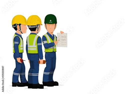 HSSE officer is instructing workers on white background