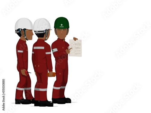 HSSE officer is instructing workers on white background