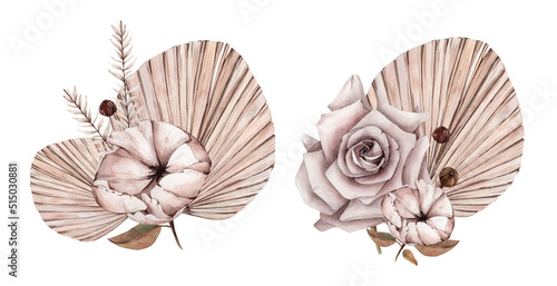 Fototapeta Naklejka Na Ścianę i Meble -  Hand Drawn Watercolor Boho Floral Illustration isolated on white background. Watercolour Beige Bohemian Flowers Composition. Palm Leaves, Piones, Roses. Perfect for Wedding designs, Invitations