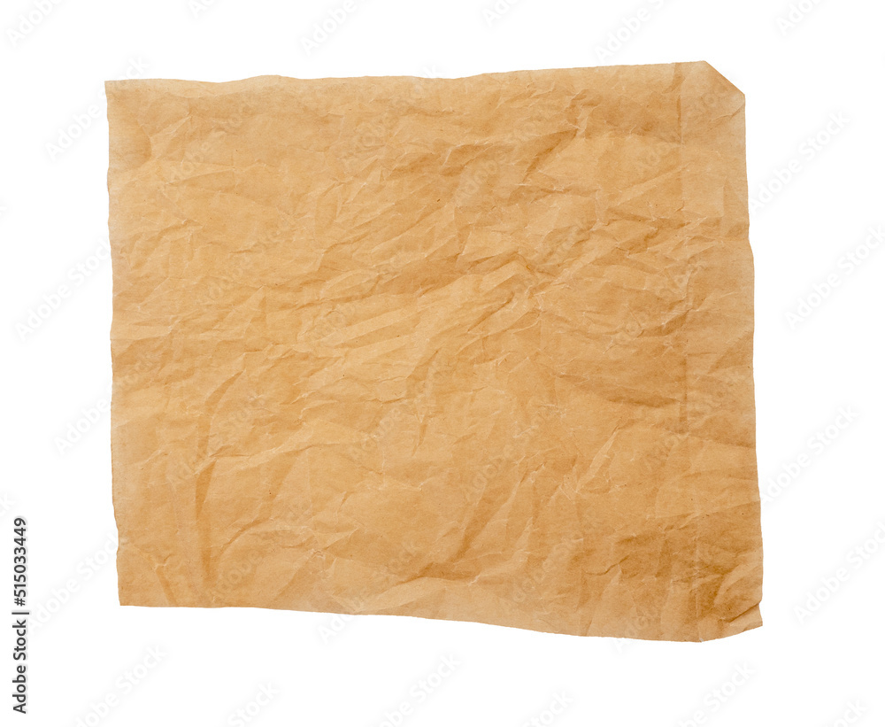 Square shape of crumpled thin brown paper, parchment  paper isolated on white .