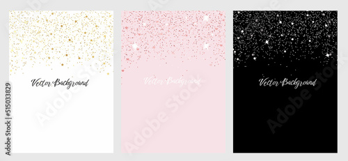 Sparkling falling gold, rose gold, silver dust. Set of vector backgrounds with glitter and space for text