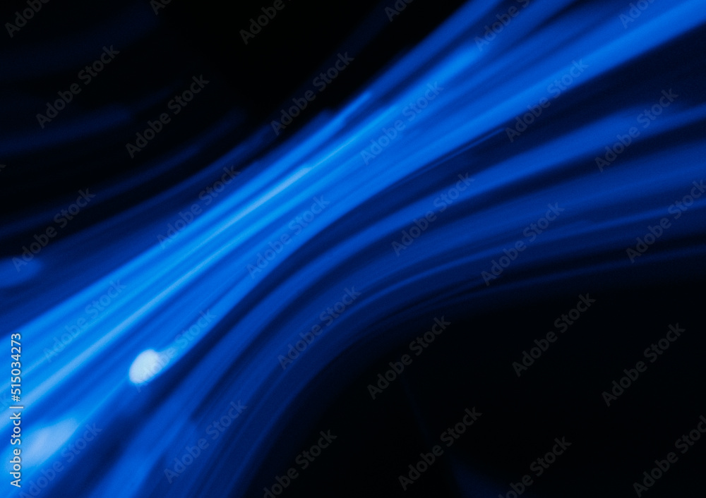 Blur laser glow. Futuristic light flare. Sci-Fi radiance. Defocused ultraviolet neon navy blue color curve lines reflection motion on dark black trendy abstract background.