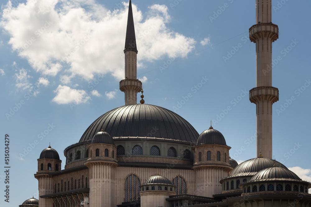 Naklejka premium Close up view view of newly constructed mosque at Taksim square in Istanbul. It is a sunny summer day.