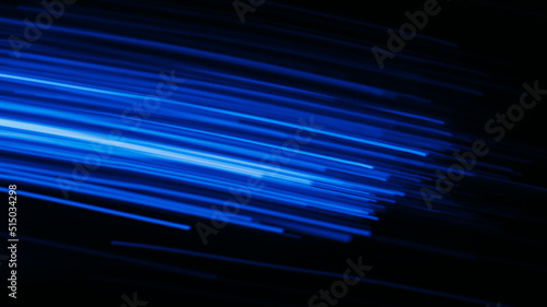 Blur neon rays. Futuristic glow. Fiber optic lighting. Defocused luminous navy blue color laser streak flare motion on dark black cyber abstract background.