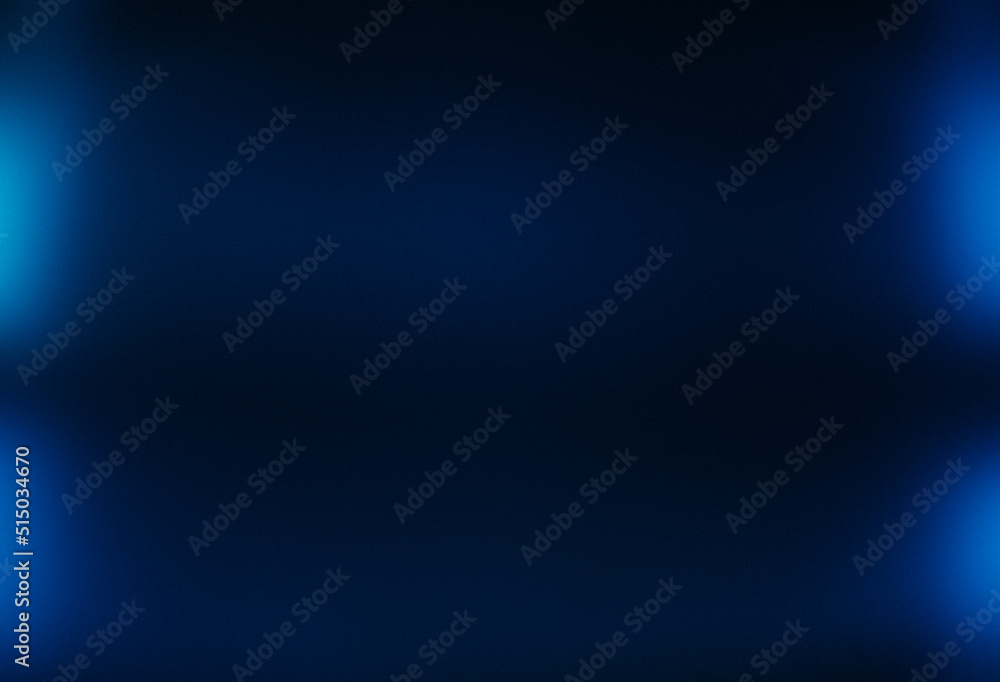 Blur light background. Bokeh neon glow. Cyber illumination. Defocused navy blue color gradient LED flare on dark black futuristic abstract copy space frame.