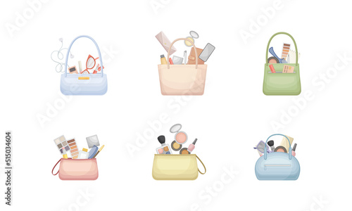 Set of bags with makeup cosmetics. Leather bag full of different things and makeup products vector illustration