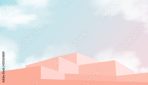 Blue and Pink Sky and fluffy clouds background with 3d Beige podium step,Vector illustration banner with Stage Showcase mockup, Minimal design Backdrop for Spring, Summer Sale, Cosmetic product