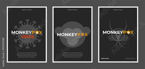 Monkeypox a4 flyer on black background in minimalistic style. Monkey, virus and danger icons. Monkey pox poster, cover, banner. Vector flat illustration icon photo