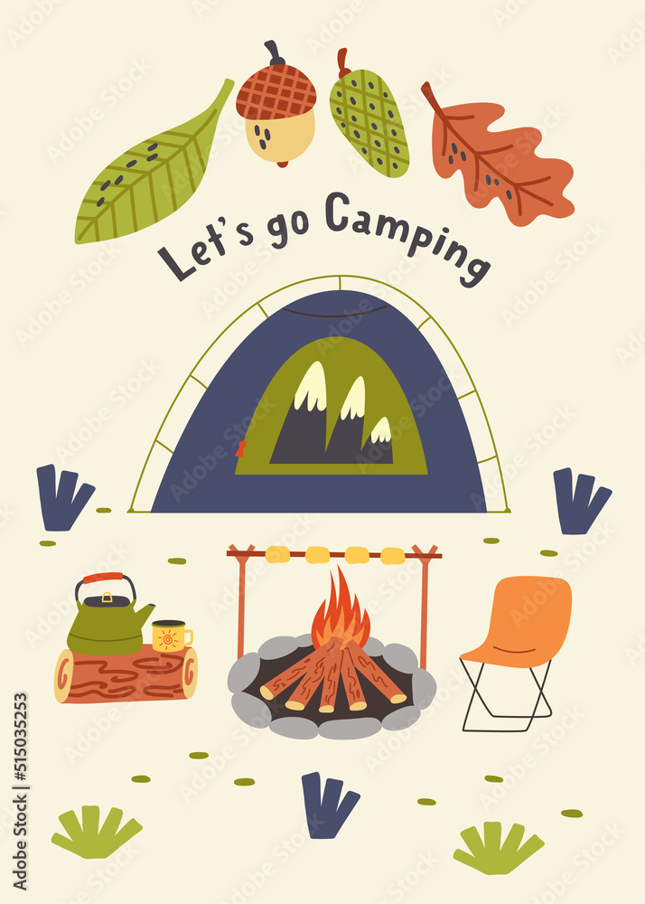 Print camping with a tent by the fire. Hiking, Camping. Adventure nature poster for nursery room. Children design card vector doodle naive art illustration