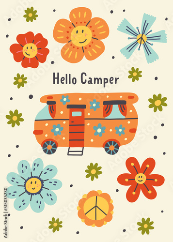 Print hello camper car colorful smiling flowers. Hippie transport floral. Hiking, Camping. Adventure nature poster for nursery room. Children design card vector doodle naive art illustration
