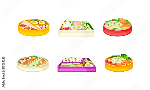 Set of meal trays with healthy nutritious food for students vector illustration
