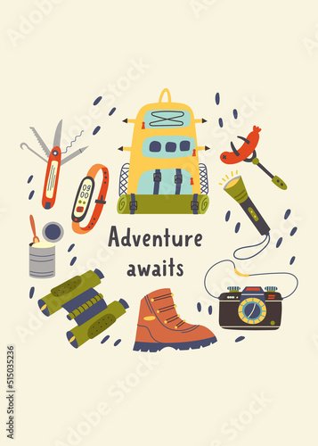 Print hiking items. Hiking, Camping. Adventure nature poster for nursery room. Children design card vector doodle naive art illustration