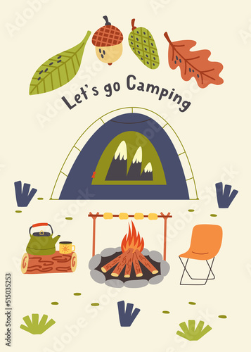 Print camping with a tent by the fire. Hiking, Camping. Adventure nature poster for nursery room. Children design card vector doodle naive art illustration