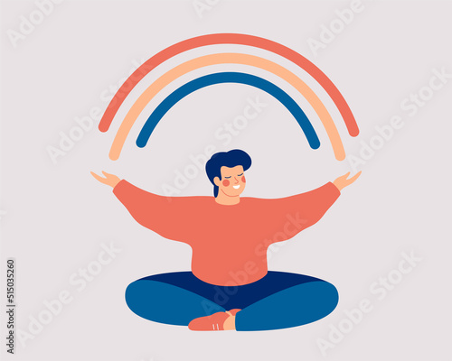 Happy man sits in lotus pose and open his arms to the rainbow. Smiled boy creates good vibe around his. Smiling male character enjoys his freedom and life. Body positive and health care concept