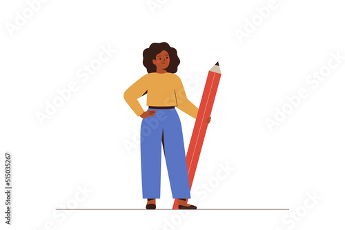 Black Business Woman holds big pencil. Confident african American female writer or content manager stands with pen. Copywriting and blogging concept.Vector illustration