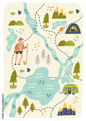 Map creator forest hiking camping. Hiking, Camping. Adventure nature poster for nursery room. Children design card vector doodle naive art illustration