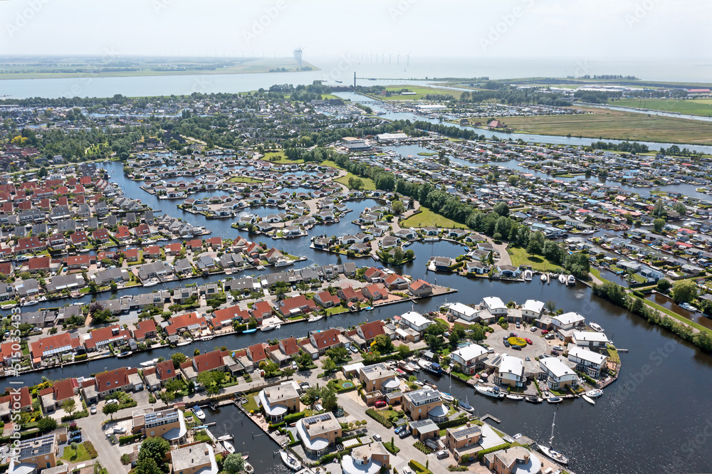 Aerial from the city and harbor from Lemmer in Friesland the Netherlands