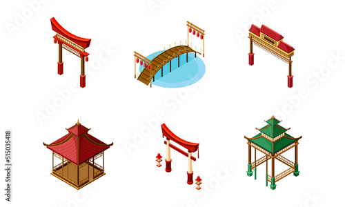 Traditional asian architecture objects set. Chinese and Japan building, towers, bridge, gates vector illustration