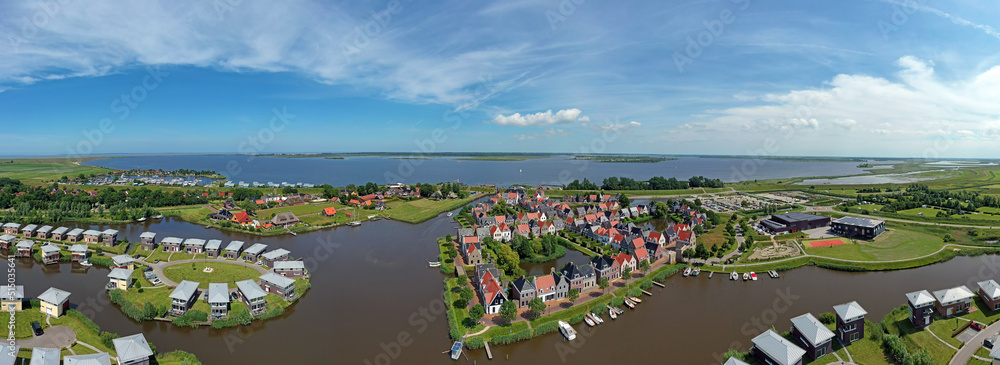Aerial panorama from the historical village Oostmahorn in Friesland the Netherlands