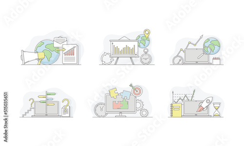 Project start up business strategy. Starting of new project, rocket launch on laptop, business planning vector illustration