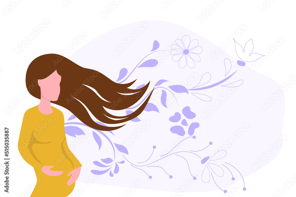 Pregnant woman with hands on her stomach. Against the background of a floral ornament. Vector flat illustration