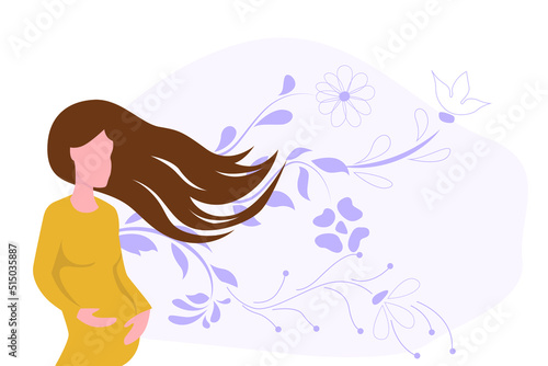 Pregnant woman with hands on her stomach. Against the background of a floral ornament. Vector flat illustration