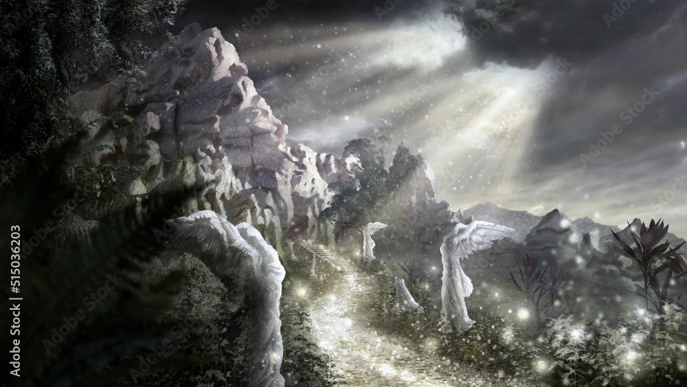 Angelic Worldscape Tropical fantasy landscape with green plants, with statues of angels ...