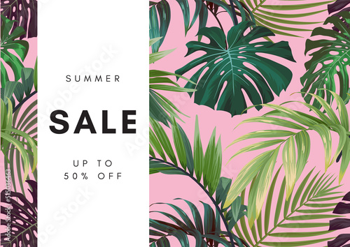 Hawaiian floral design with monstera palm leaves. Exotic tropical summer vector background.