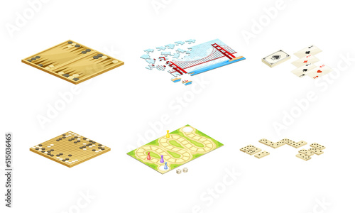 Board games set. Backgammon, puzzle, go, playing cards, domino tabletop game vector illustration photo