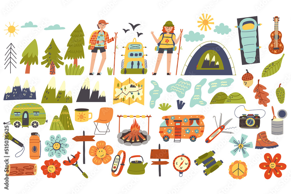 Set collection of hiking camping items and characters. Hiking, Camping. Adventure nature clipart. Children design isolated element vector doodle naive art illustration