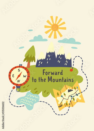 Journey to the Forest Mountains Print. Hiking, Camping. Adventure nature poster for nursery room. Children design card vector doodle naive art illustration