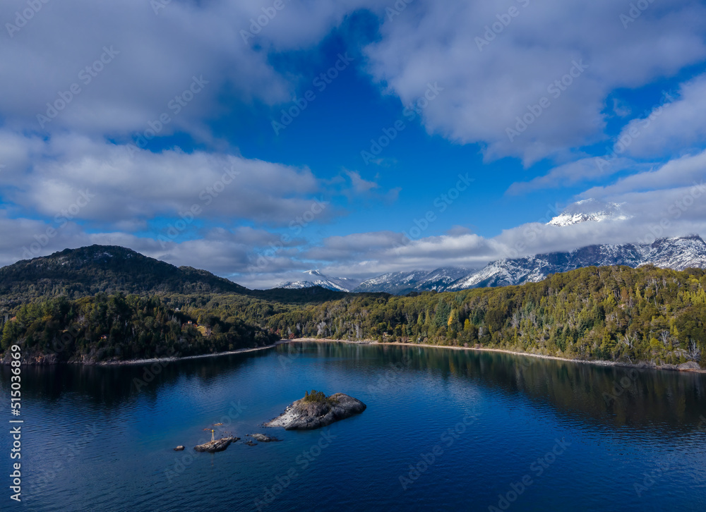 Aerial landscape with snowed mountains and lakes