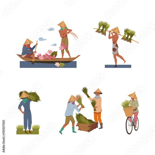 Asian farmers planting harvesting rice and lotus flowers set. Peasant in straw hats working in agriculture vector illustration