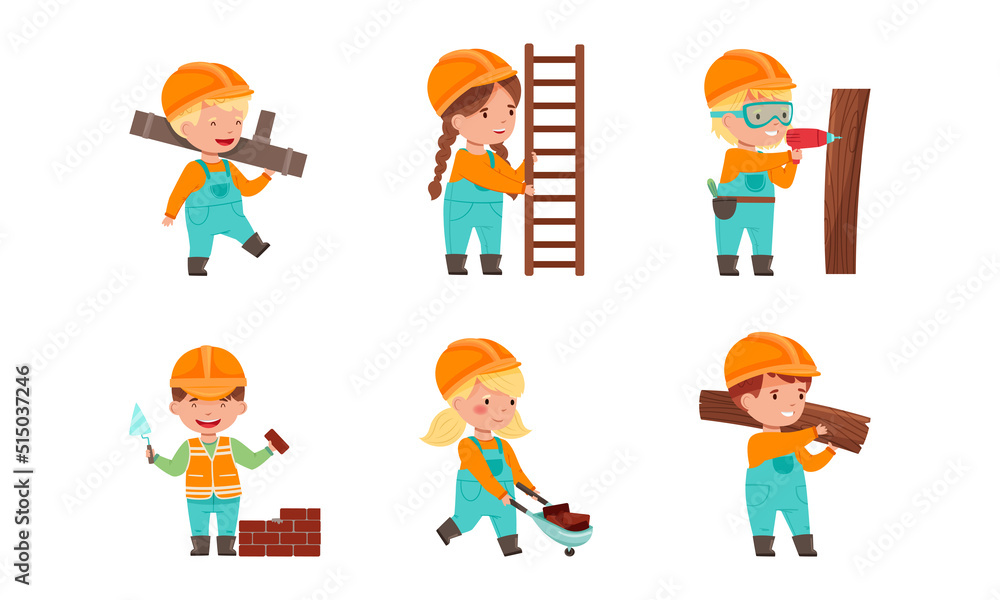 Set of kids builders. Little boys and girls wearing overalls and safety hats with construction equipment cartoon vector illustration