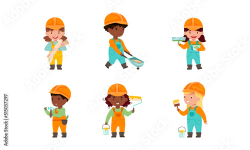 Set of kids builders. Children wearing overalls and hard hats with construction equipment cartoon vector illustration