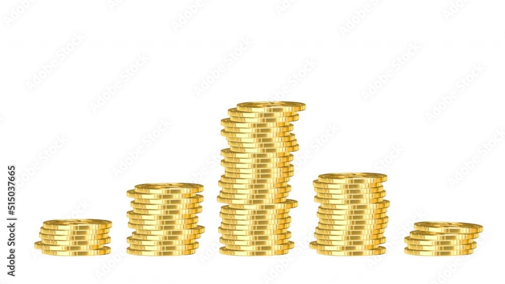 Five piles of gold money coins adding up one by one at white isolated background, financial trading concept. Money Saving and Economy Concept. Five piles of gold money coins adding up one by one at white isolated background, financial trading concept. Money Saving and Economy Concept.