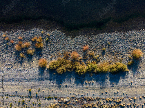 Aerial landscape with snowed mountains and lakes