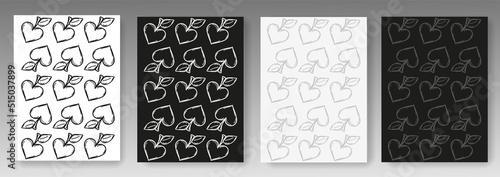 Set collection of black and white backgrounds drawn with hearts apples elements
