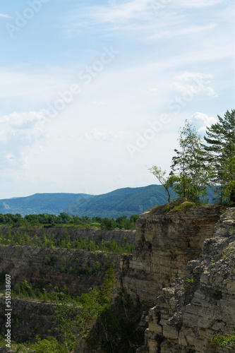 landscape with sky.green pine trees on the cliff. beautiful view from the top of the mountain on summer day. cloud sky over green hills. vertical