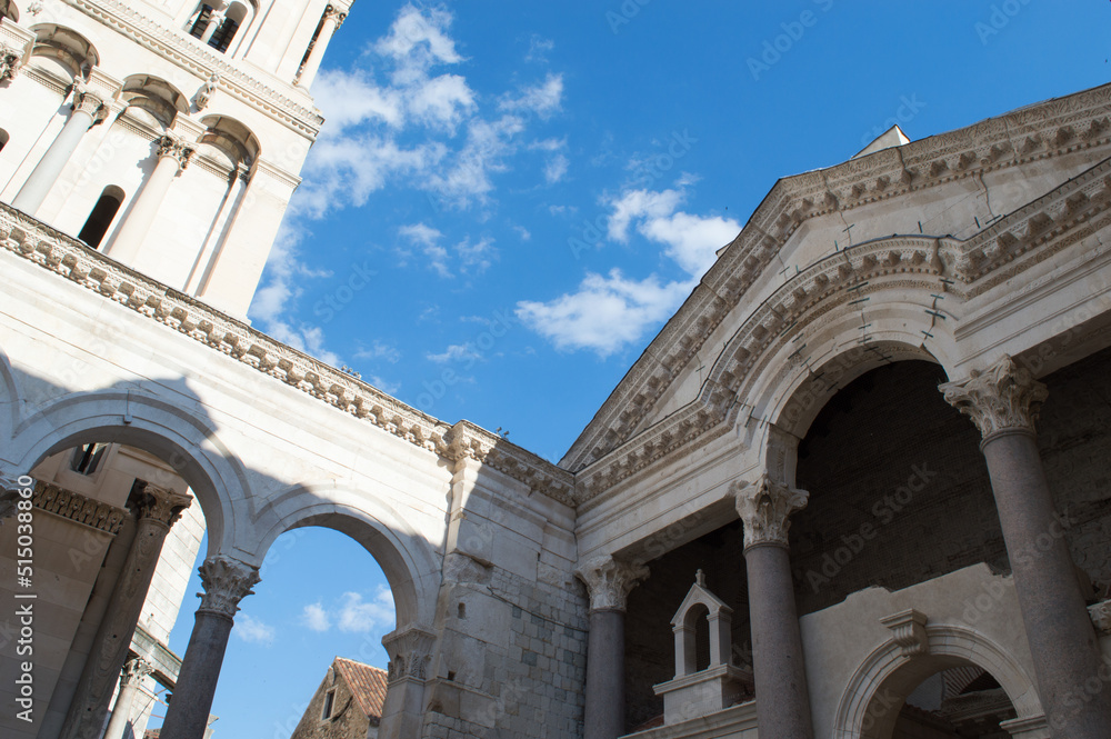 Roman architecture in Split, Croatia, famous Peristil and Diocletian palace, touristic travel destination