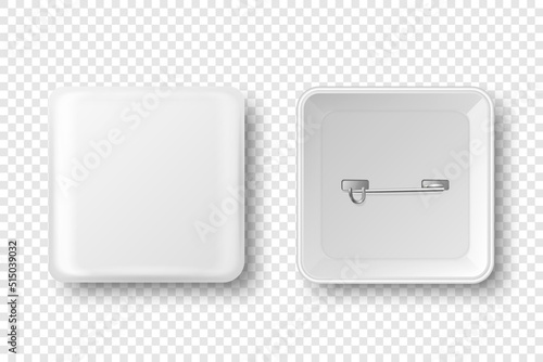 Vector 3d Realistic Square White Metal, Plastic Blank Empty Button Badge Icon Isolated. Button Pin Badge. Glossy Brooch Pin. Top View - Front and Back Side. Template for Branding, Mock-up