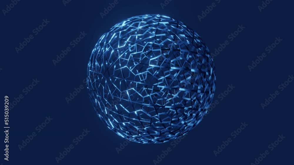 Sphere of intertwined metal threads illuminated by light, rotates in 3D space. Animated abstract motion.