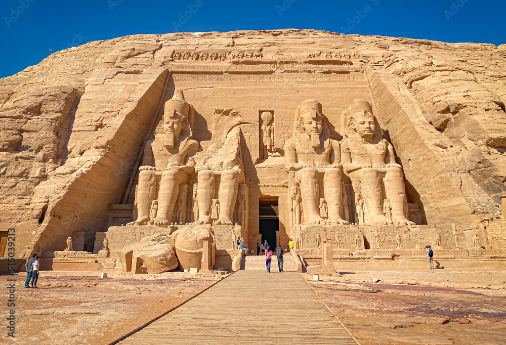 Abu Simbel, a rock in Nubia, two ancient Egyptian temples, the time of Ramses II - obrazy, fototapety, plakaty 