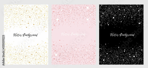Sparkling falling gold, rose gold, silver dust. Set of vector backgrounds with glitter and space for text