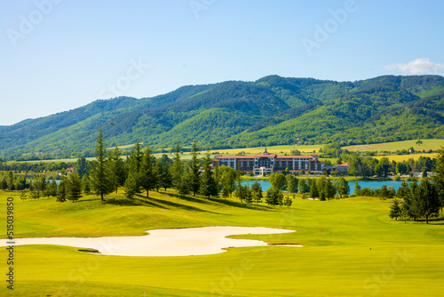 The view of the Pravets golf resort watching towards the lake and RIU hotel of Pravets.