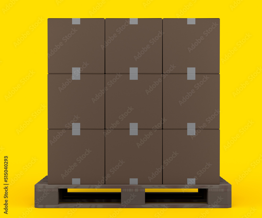 Set of wooden pallet for warehouse cargo storage with cardboard boxes on yellow Set of wooden pallet for warehouse cargo storage with cardboard boxes on yellow