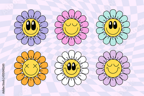 Set of groovy daisy smiley flowers print on 70s style on psychedelic background. Vector doodle illustration. Design for t shirt, card, flyer, banner