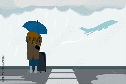 A lonely girl in the rain stands on the runway, missed the plane. The concept of mental health problems, grief, suffering