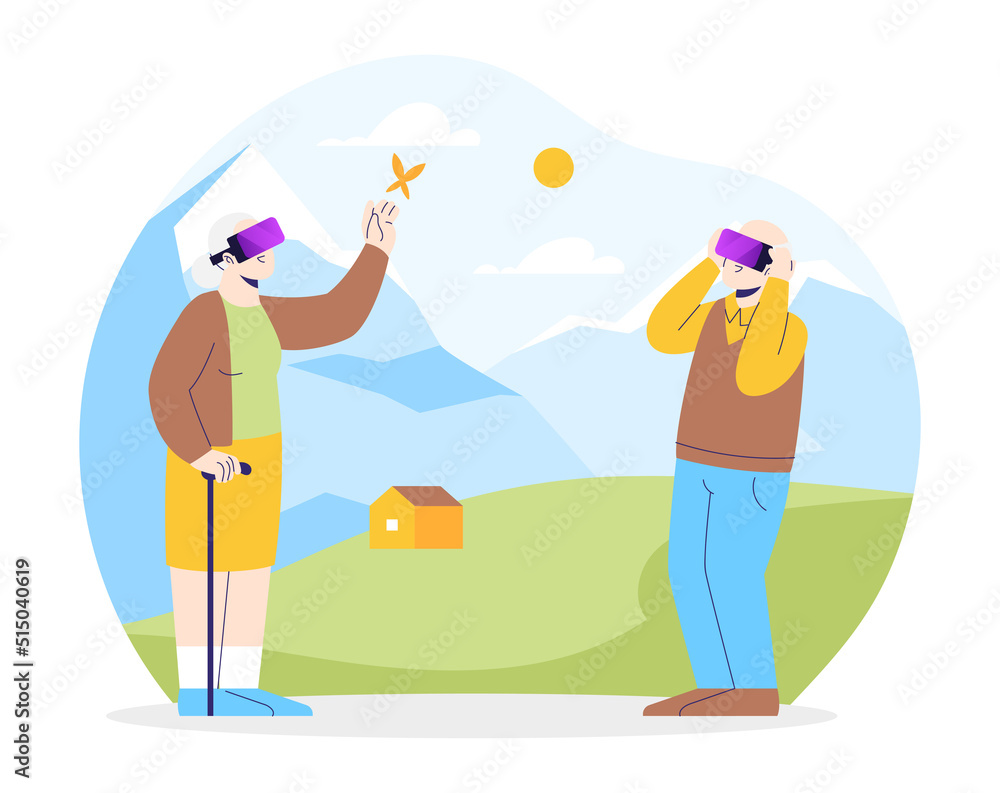 Metaverse digital cyber world technology. Elderly couple holding virtual reality glasses in augmented environment with mountain view. Modern interface for communication and explore world.