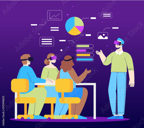 Metaverse digital cyber world technology. People holding virtual reality glasses in classroom. Modern interface for study, presentaion and analyze data.